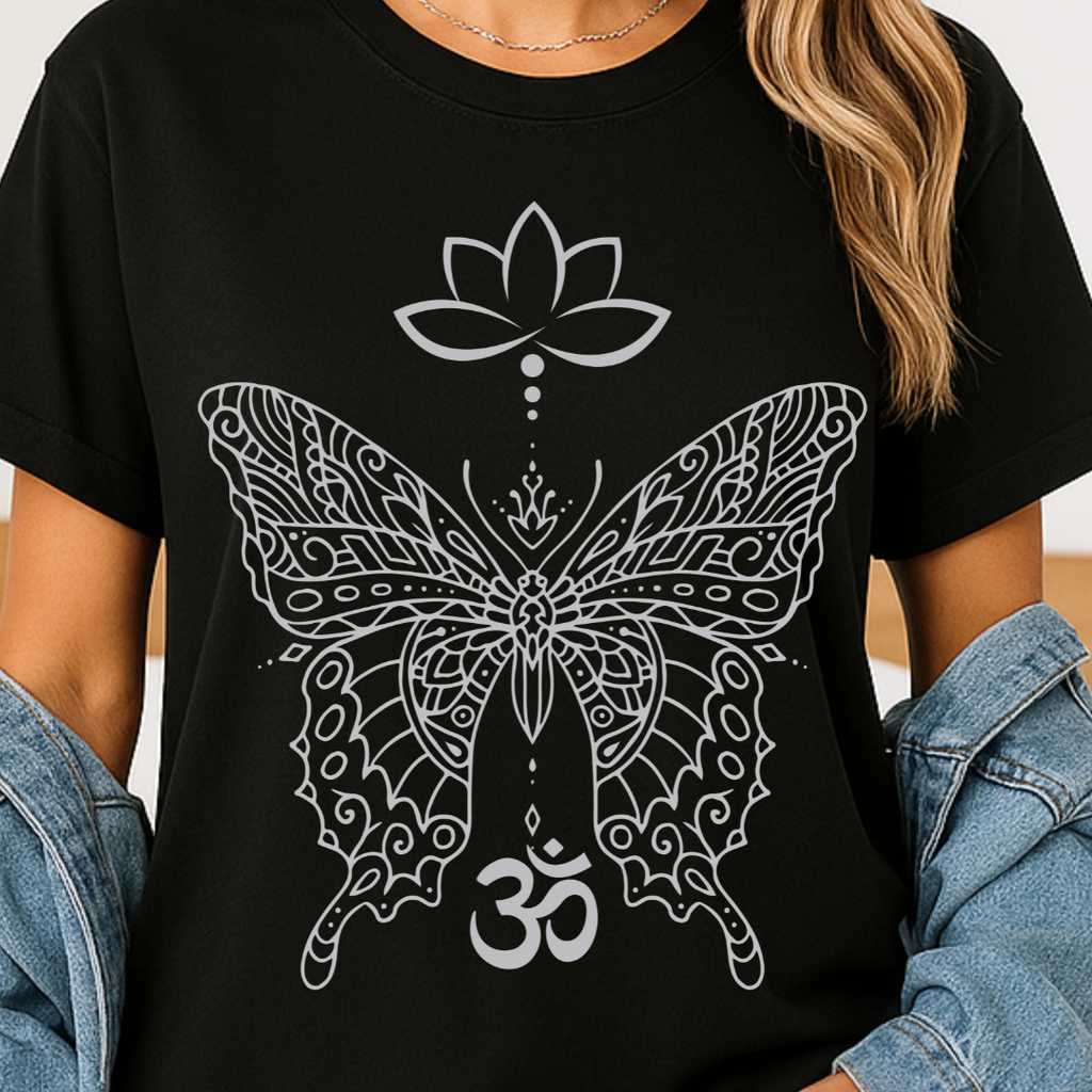 Mandala Butterfly Om Symbol T-Shirt | Lotus Meditation Tee