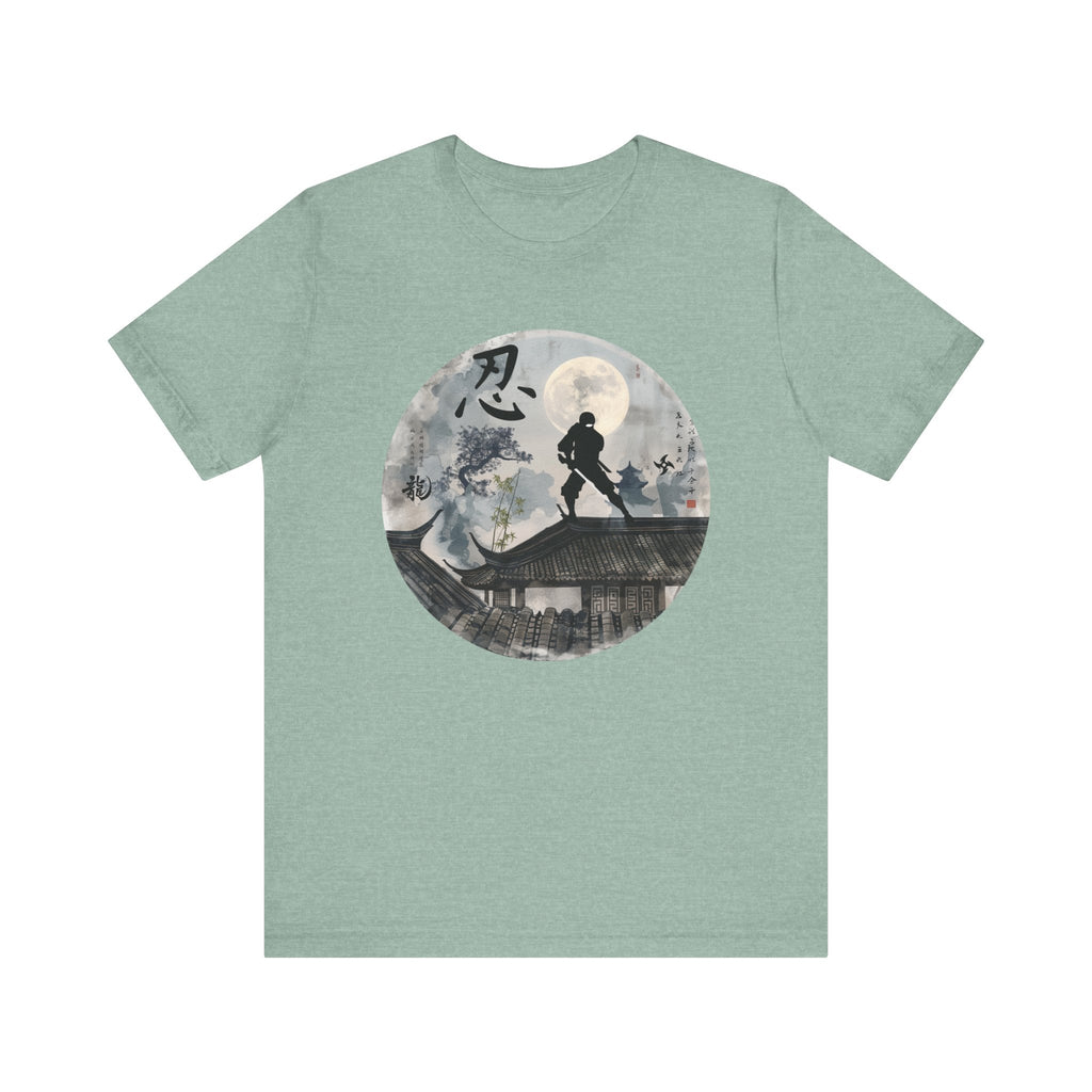Ninja Moon T-Shirt — Silhouette Shinobi on Rooftop with Kanji Art