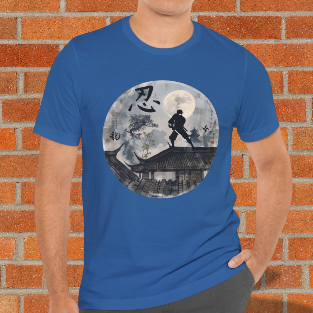 Ninja Moon T-Shirt — Silhouette Shinobi on Rooftop with Kanji Art