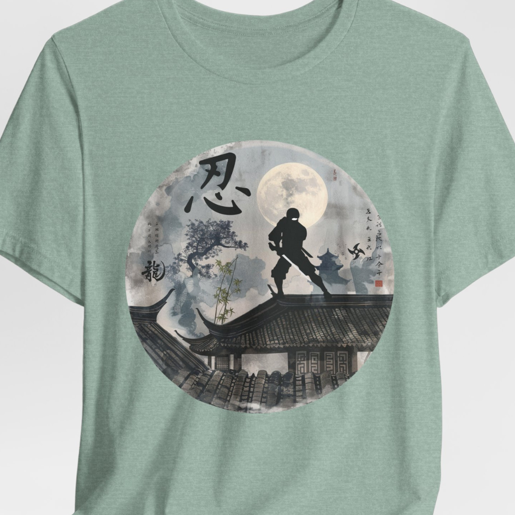 Ninja Moon T-Shirt — Silhouette Shinobi on Rooftop with Kanji Art