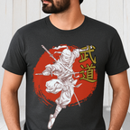 Samurai Silhouette T-Shirt — Red Kanji ‘Budo’ Graphic Tee