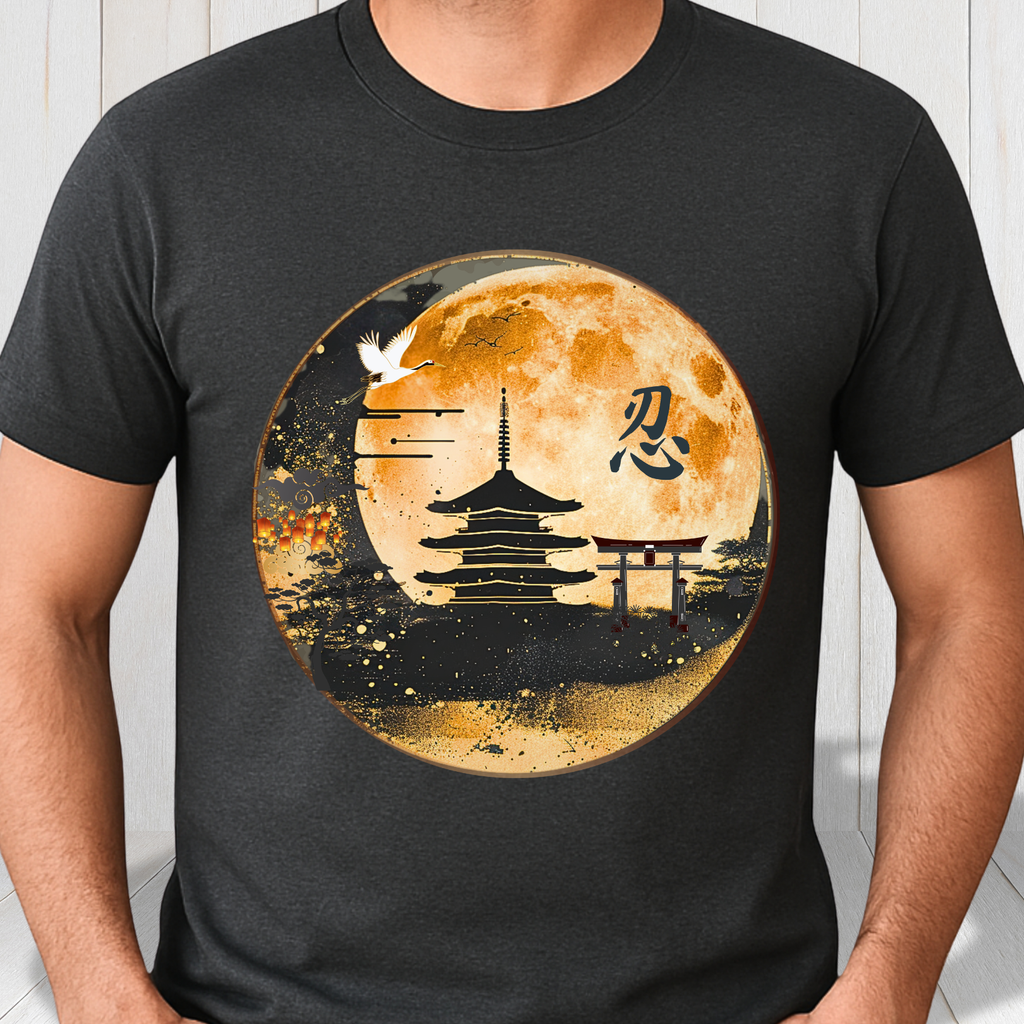 Moonlit Pagoda Tee — Japanese Temple Silhouette with Moon and Kanji
